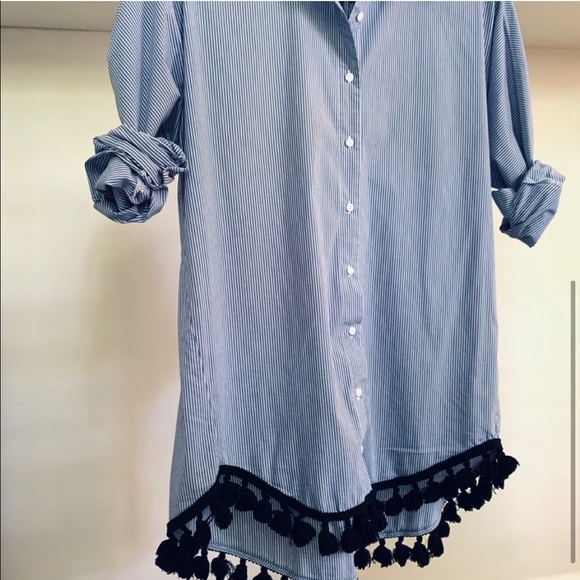 Zara Oversized Button Down Shirt with Tassel Hem - Picture 3 of 6